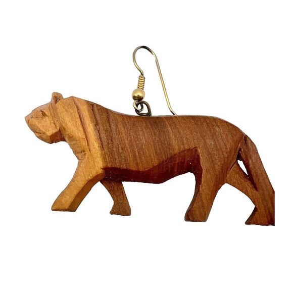 Pair of Wooden Hand Carved Lion Earrings Drop Dangle Brown Safari Tribal Boho - Picture 5 of 5